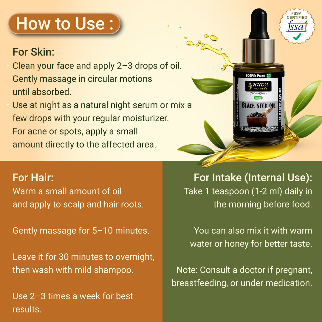 HUDA NATURE'S Certified Organic Black Seed Oil (Kalonji Oil) - 30 ml